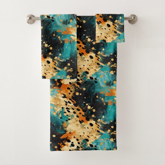 Gold Black Aqua Orange Leopard Abstrakt Badhandtuch Set (Insitu)