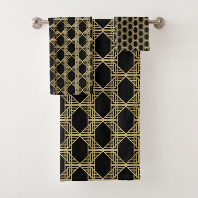 Gold Black Art Deco Diamond Chic Retro Muster Badhandtuch Set (Insitu)