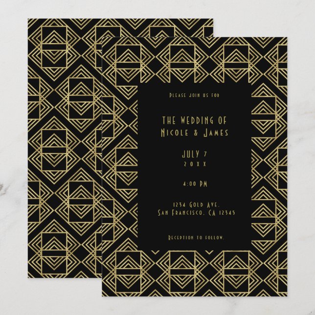 Gold & Black Art Deco Fett Retro Glam Wedding Einladung (Vorne/Hinten)