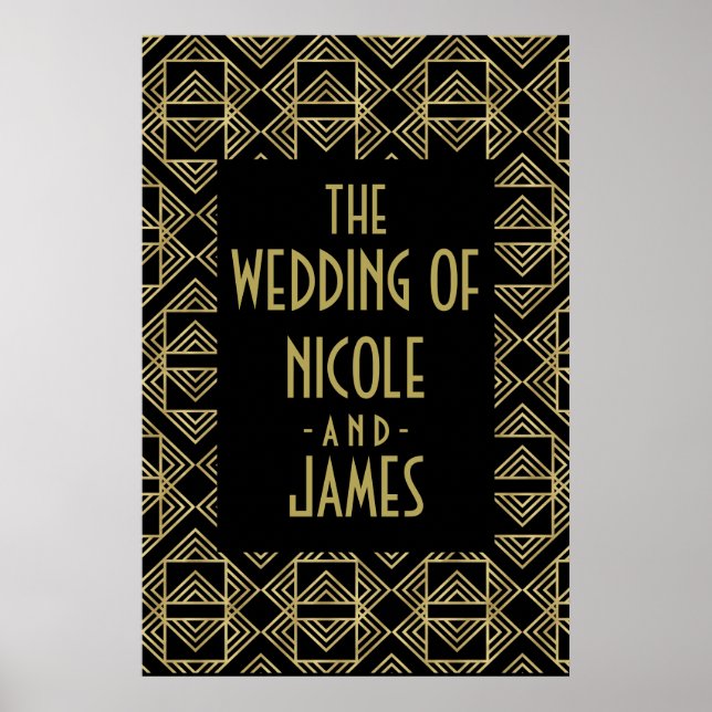 Gold & Black Art Deco Fett Retro Glam Wedding Sign Poster (Vorne)