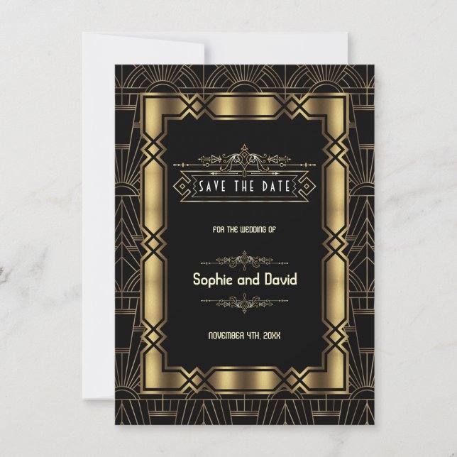 Gold Black Art Deco Gatsby 1920er Save the Date (Vorderseite)