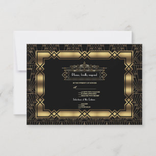Gold Black Art Deco Gatsby 20s Style Wedding RSVP Karte