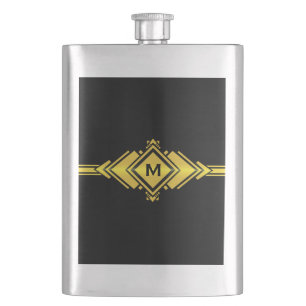 Gold & Black Art Deco Gürtel Monogram Flachmann