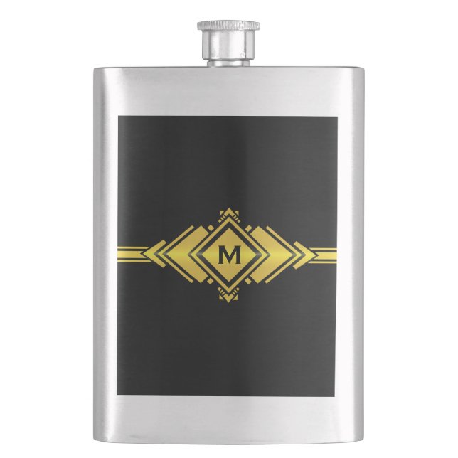 Gold & Black Art Deco Gürtel Monogram Flachmann (Vorderseite)