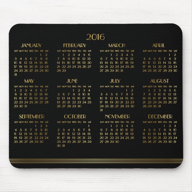 Gold Black Art Deco Jährlicher Kalender 2016 Mouse Mousepad (Vorne)