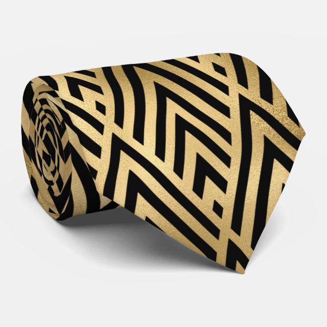 Gold black art deco tiled pattern neck tie krawatte (Gerollt)