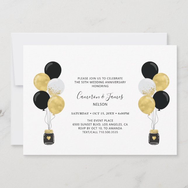 Gold & Black Balloons 50. Hochzeitstag Einladung (Vorderseite)