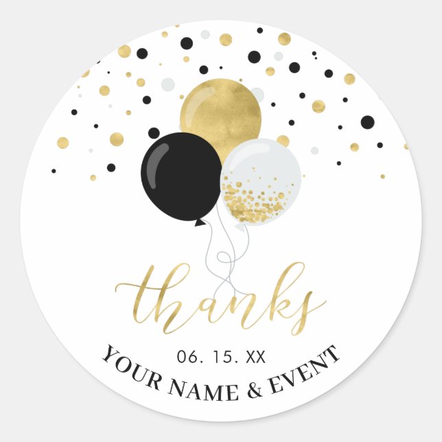 Gold & Black Balloons | Gastgeschenk Vielen Dank Runder Aufkleber (Vorderseite)