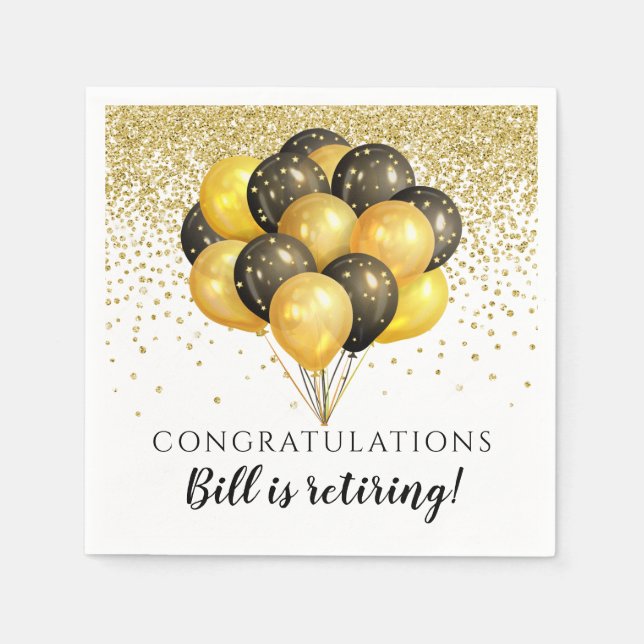 Gold Black Balloons Gold Glitzer Retirement Party Serviette (Vorderseite)