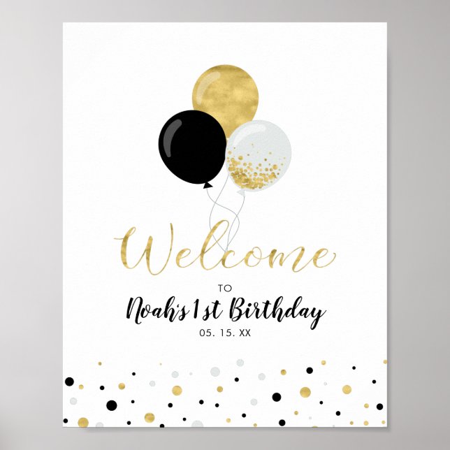 Gold & Black Balloons Junge 1. Geburtstag Willkomm Poster (Vorne)