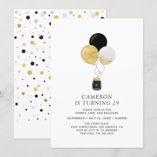 Gold & Black Balloons Moderne Erwachsene Geburtsta Einladung