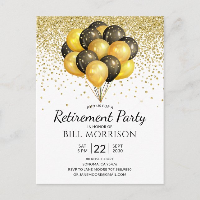 Gold Black Balloons Pensionierung Einladung Postka (Vorderseite)