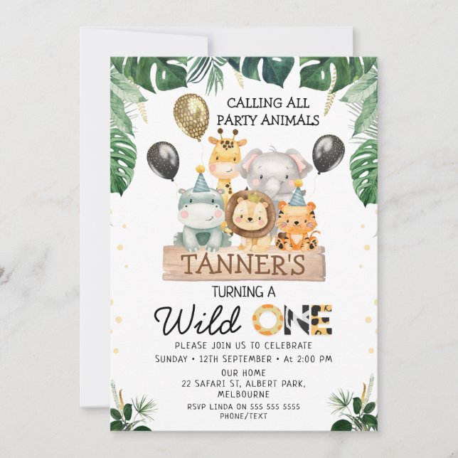 Gold Black Balloons Safari Wild One Birthday Einladung (Vorderseite)