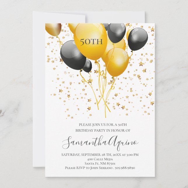 Gold & Black Balloons Stars White 50. Geburtstag Einladung (Vorderseite)