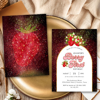 Gold Black Berry 1st Birthday Strawberry Glitzer Einladung