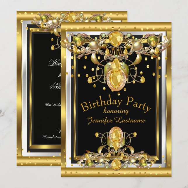 Gold Black Bijoux Anniversaire Fête Invitation (Devant / Derrière)
