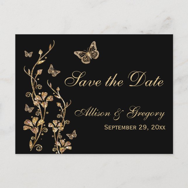 Gold, Black Butterflies Enregistrer la date Carte  (Devant)