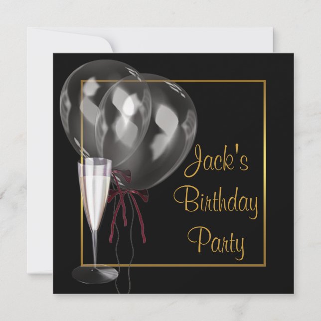 Gold Black Champagne Mans Birthday Party Einladung (Vorderseite)