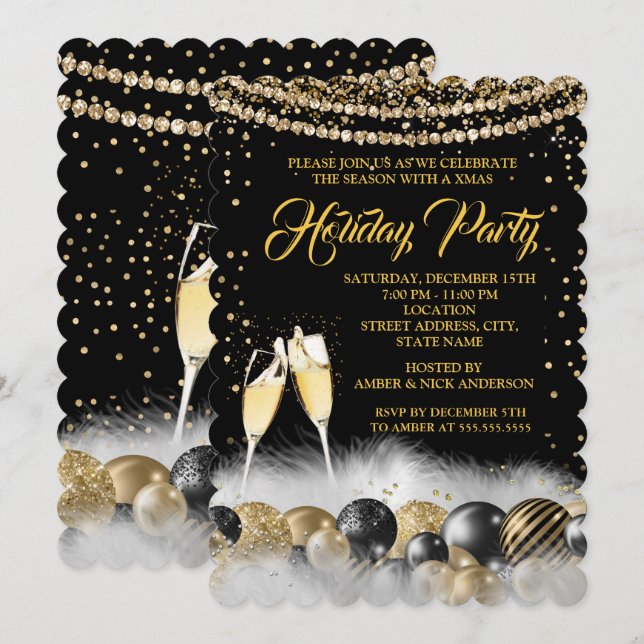 Gold Black Champagne Weihnachten Party 2 Einladung (Vorne/Hinten)