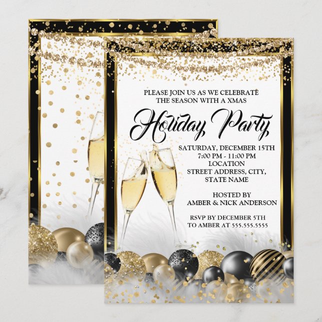 Gold Black Champagne Weihnachten Party Einladung (Vorne/Hinten)