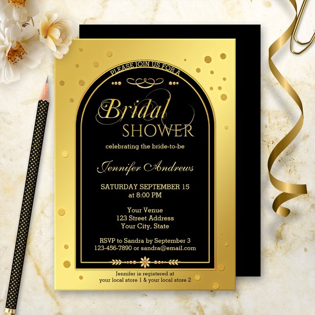 Gold Black Chic Confetti Brautparty Einladung (A bridal shower invitation in black and gold with sparkling confetti. )