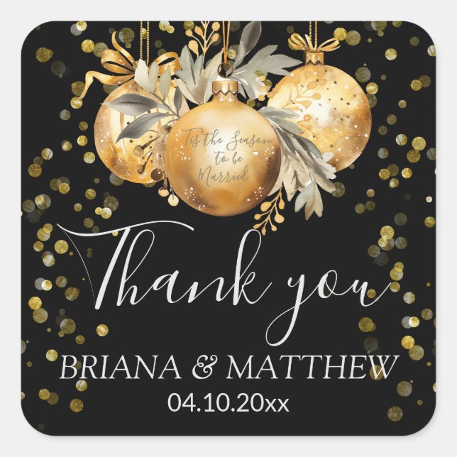 Gold Black Christmas Gastgeschenk Hochzeit Quadratischer Aufkleber (Vorderseite)