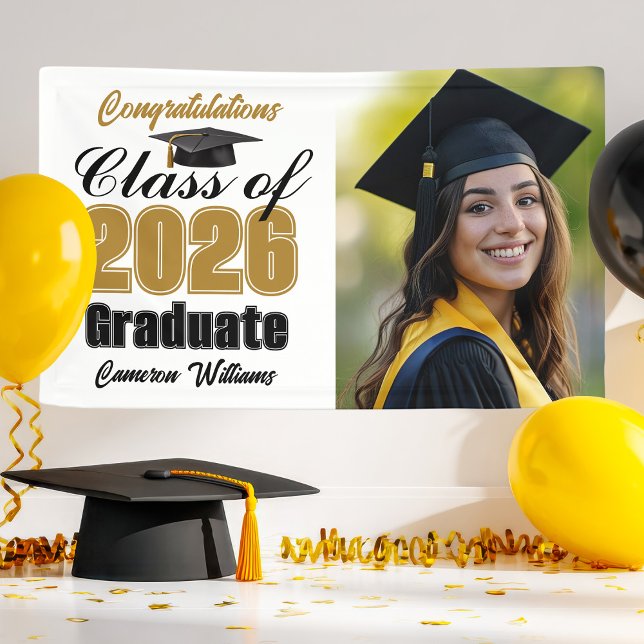 Gold Black Class of 2026 Graduation Party Photo Banner (Von Creator hochgeladen)