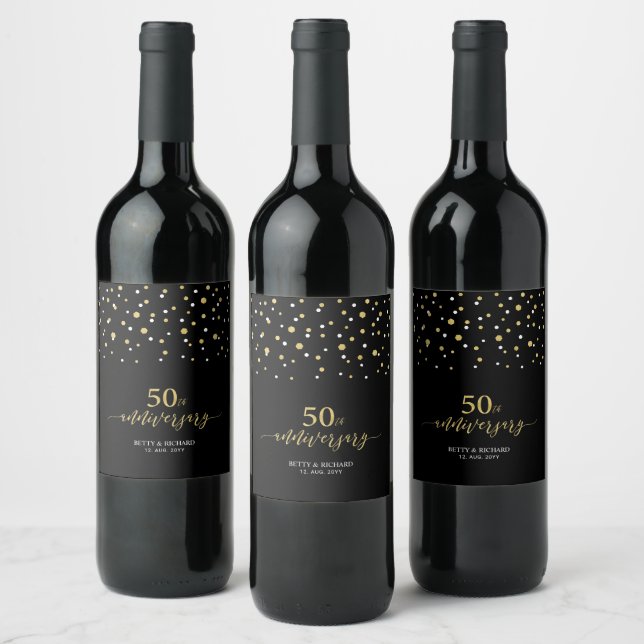 Gold & Black Confetti 50 Jahre Jubiläum Gefallen Weinetikett (Flaschen)