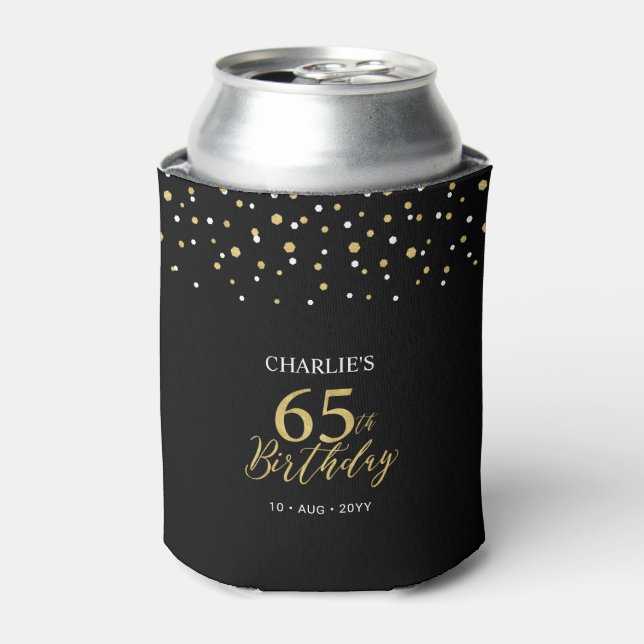 Gold & Black Confetti 65th Birthday Party Favor Dosenkühler (Kanne Vorderseite)