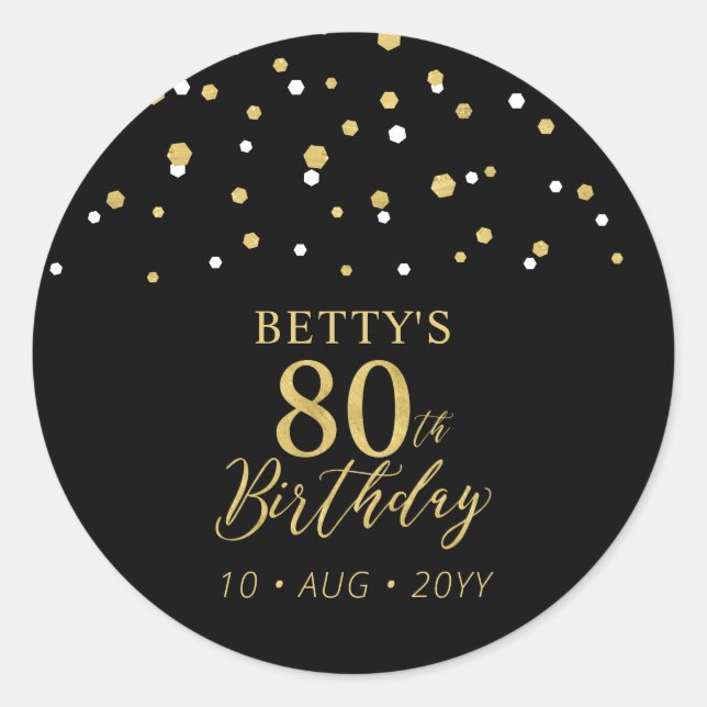 Gold & Black Confetti 80th Birthday Party Favor Runder Aufkleber (Vorderseite)