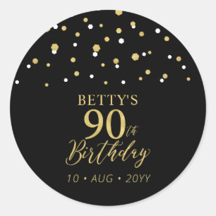 Gold & Black Confetti 90. Geburtstagsparty Gefalle Runder Aufkleber