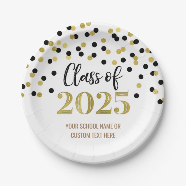 Gold Black Confetti Abschluss 2025 Pappteller (Vorderseite)