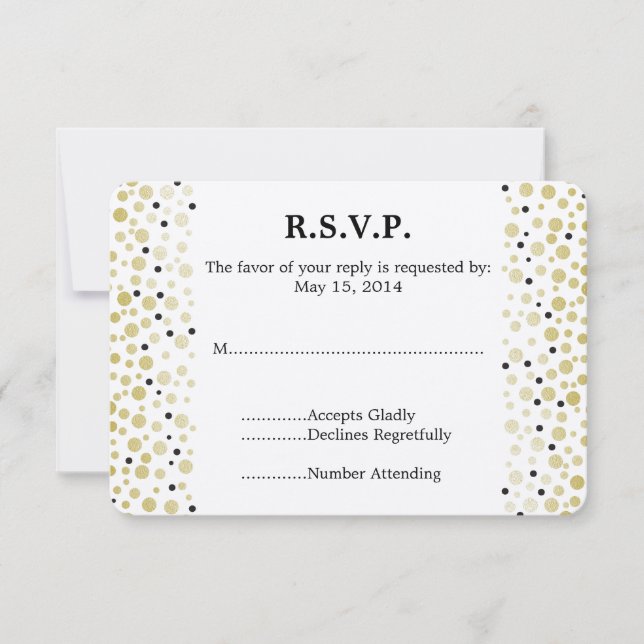 Gold Black Confetti Dots Wedding RSVP Karte (Vorderseite)