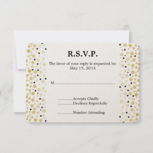Gold Black Confetti Dots Wedding RSVP Karte