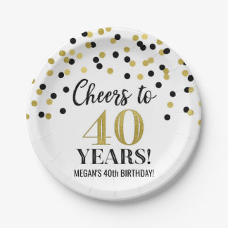 Gold Black Confetti freut sich auf 40 Jahre Geburt Pappteller