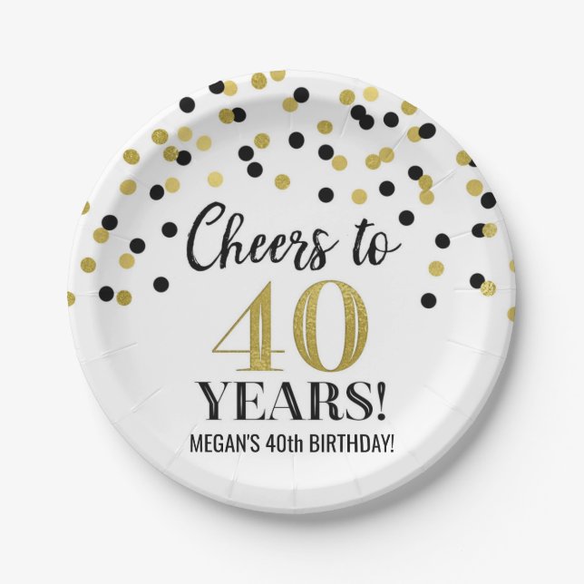 Gold Black Confetti freut sich auf 40 Jahre Geburt Pappteller (Vorderseite)