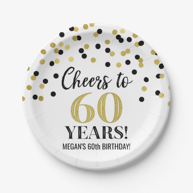 Gold Black Confetti freut sich auf 60 Jahre Geburt Pappteller (Vorderseite)