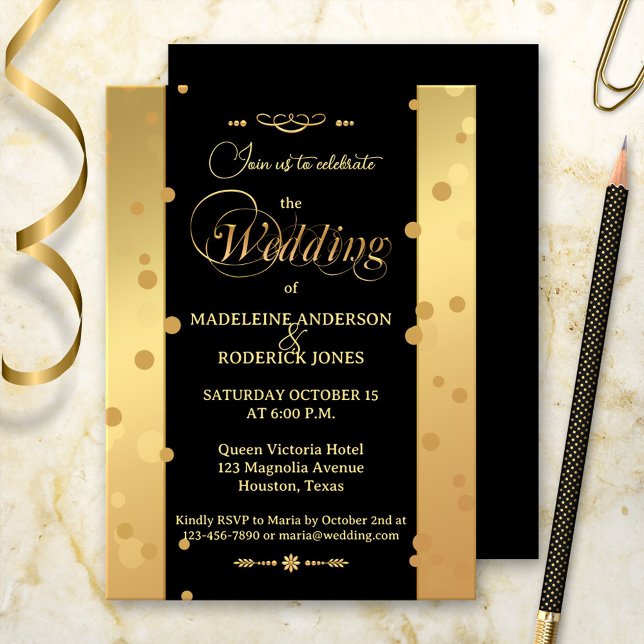 Gold Black Confetti Glam Wedding Einladung (A stylish wedding invitation in gold and black with festive confetti sparkles)