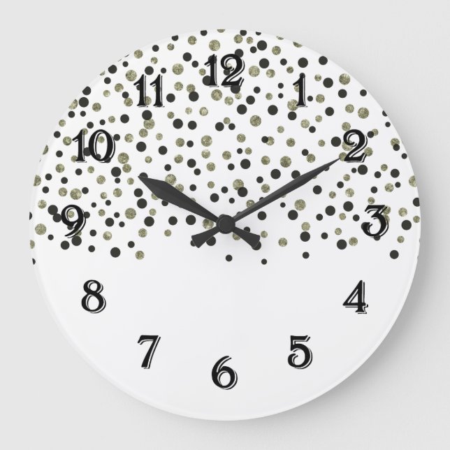Gold Black Confetti Große Wanduhr (Vorderseite)