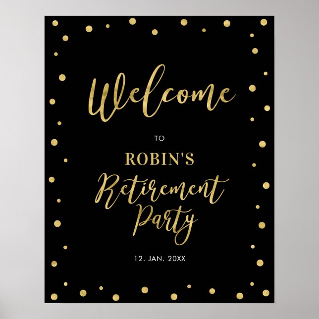 Gold & Black Confetti Pension Party Willkommen Poster (Vorne)