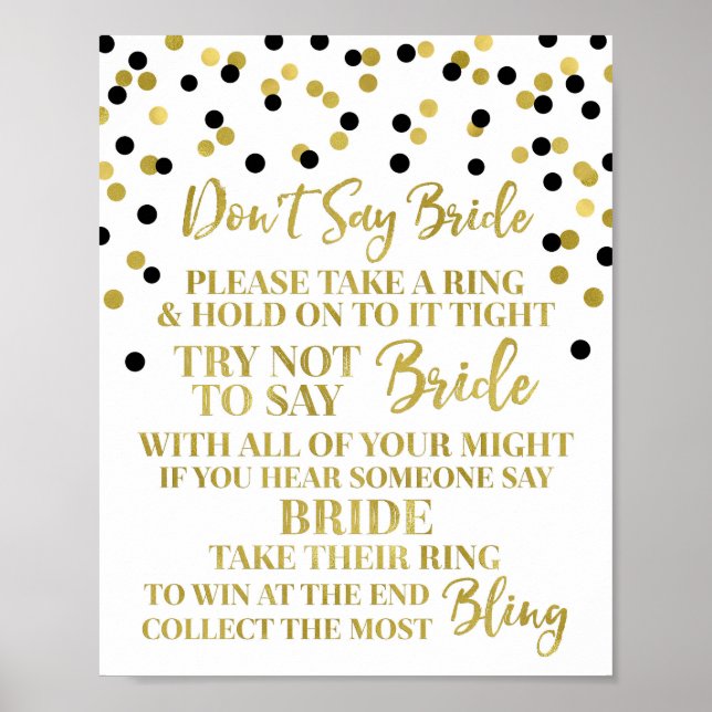 Gold Black Confetti Sage nicht Bride Game Sign Poster (Vorne)