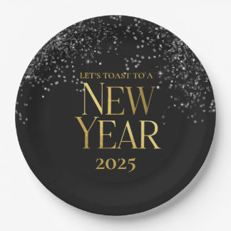 Gold Black Confetti Silvester Party Pappteller