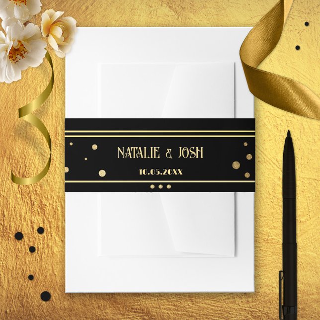 Gold Black Confetti Wedding Einladungsbanderole (Wedding invitation belly band featuring a stylish gold and black design with sparkling confetti.)