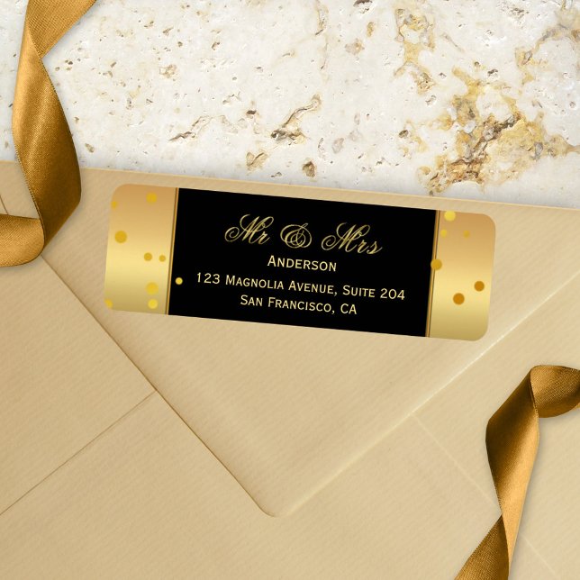 Gold Black Confetti Wedding-Rücksendeadresse (A chic faux gold wedding return address label with glitter confetti on a black background)