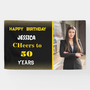 Gold Black Custom Happy Birthday Foto Party Banner