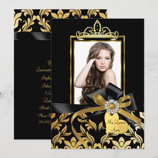 Gold Black Damask Bow Photo Quinceanera Invitation (Devant / Derrière)