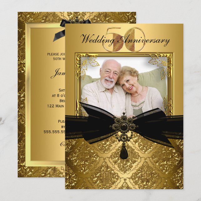Gold Black Damask Foto 50 Jahre Einladung (Vorne/Hinten)