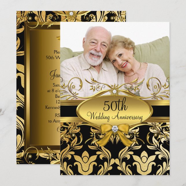 Gold Black Damask Foto 50 Jahre Einladung (Vorne/Hinten)