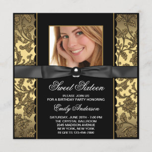 Gold Black Damask Foto Sweet 16 Party Einladung