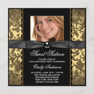Gold Black Damask Foto Sweet 16 Party Einladung